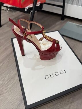 Gucci Red Platform Heels – Studded T-Strap | Size 6.5